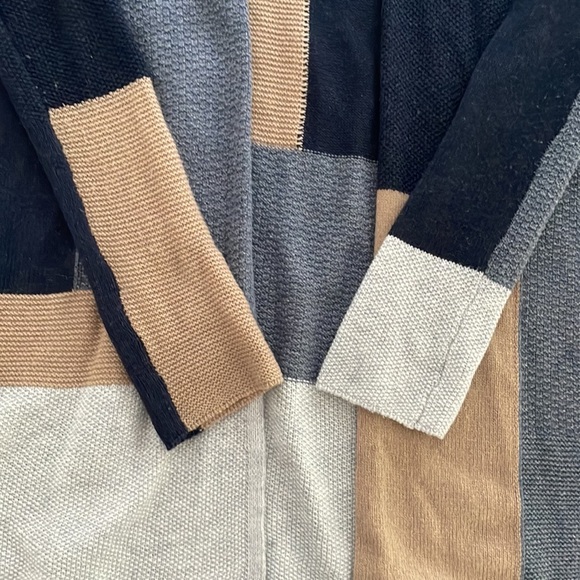 Lucky Brand Patchwork Open Long Cardigan Navy Gray Tan Textured Loose size XS - Picture 6 of 12